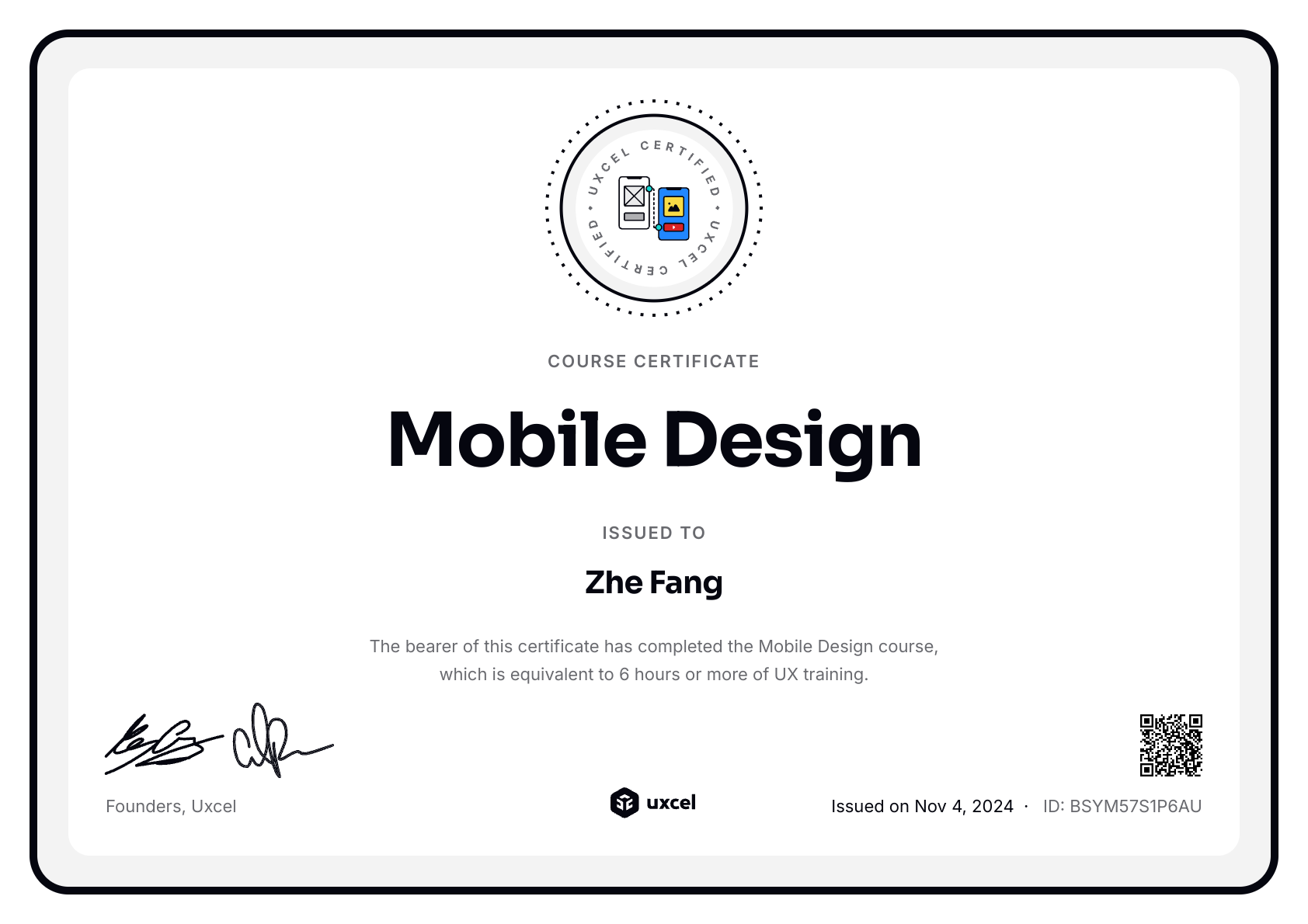 Zhe Fang's certificate